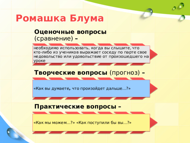 Ромашка Блума Оценочные вопросы (сравнение) –  необходимо использовать, когда вы слышите, что кто-либо из учеников выражает соседу по парте свое недовольство или удовольствие от произошедшего на уроке Творческие вопросы (прогноз) –  «Как вы думаете , что произойдет дальше…?» Практические вопросы –  «Как мы можем…?» «Как поступили бы вы…?» 