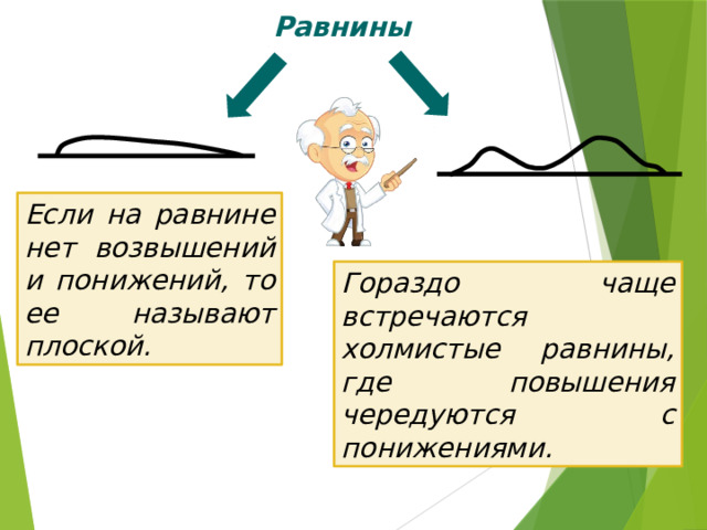Равнины Если на равнине нет возвышений и понижений, то ее называют плоской. Гораздо чаще встречаются холмистые равнины, где повышения чередуются с понижениями. 