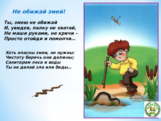 Не обижай змей! Ты, змею не обижай И, увидев, палку не хватай, Не маши руками, не кричи – Просто отойди и помолчи… Хоть опасны змеи, но нужны: Чистоту беречь они должны; Санитарам леса и воды Ты не делай зла или беды… 