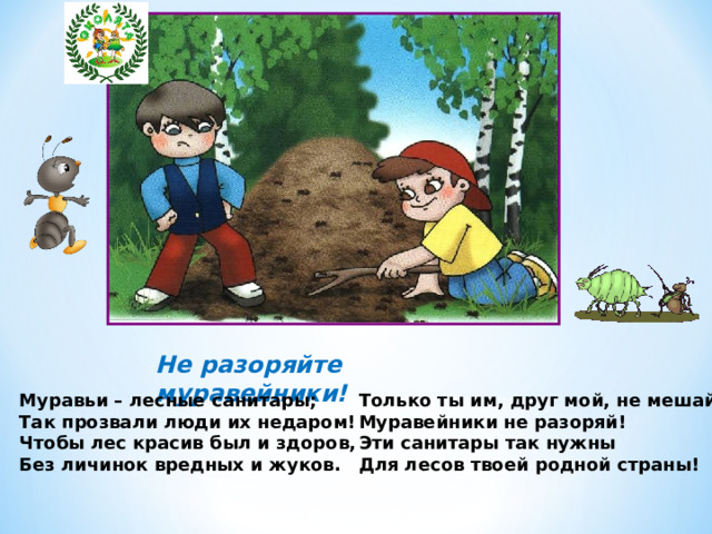 Не разоряйте муравейники! Муравьи – лесные санитары; Так прозвали люди их недаром! Чтобы лес красив был и здоров, Без личинок вредных и жуков.  Только ты им, друг мой, не мешай! Муравейники не разоряй! Эти санитары так нужны Для лесов твоей родной страны! 