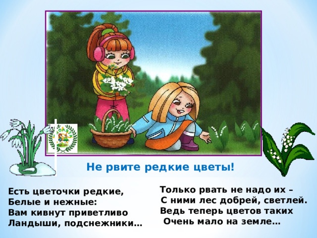 Не рвите редкие цветы!  Только рвать не надо их –  С ними лес добрей, светлей.  Ведь теперь цветов таких Очень мало на земле…  Есть цветочки редкие, Белые и нежные: Вам кивнут приветливо Ландыши, подснежники… 