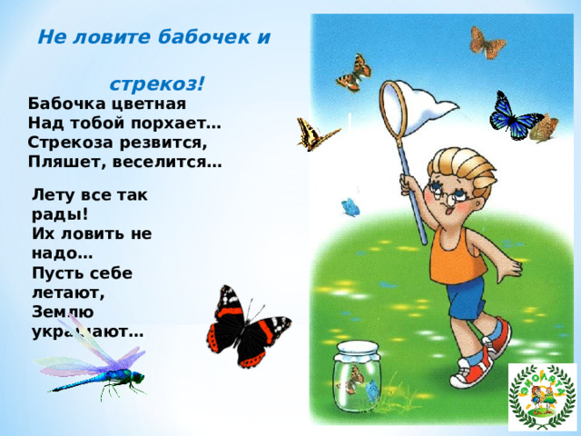 Не ловите бабочек и  стрекоз! Бабочка цветная Над тобой порхает… Стрекоза резвится, Пляшет, веселится… Лету все так рады! Их ловить не надо… Пусть себе летают, Землю украшают…  