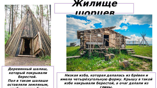 Жилище шорцев Деревянный шалаш, который покрывали берестой. Пол в таком шалаше оставляли земляным, чтобы можно было устроить очаг. Низкая изба, которая делалась из брёвен и имела четырёхугольную форму. Крышу в такой избе накрывали берестой, а очаг делали из глины.  