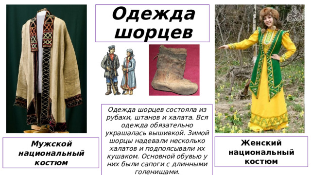 Одежда шорцев Одежда шорцев состояла из рубахи, штанов и халата. Вся одежда обязательно украшалась вышивкой. Зимой шорцы надевали несколько халатов и подпоясывали их кушаком. Основной обувью у них были сапоги с длинными голенищами. Женский национальный костюм Мужской национальный костюм  