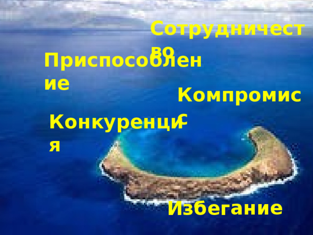 Избегание   Приспособление Сотрудничество   Компромисс Конкуренция    