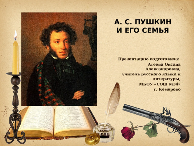 Летние чтения А. С. ПУШКИН  И ЕГО СЕМЬЯ   Презентацию подготовила: Агеева Оксана Александровна, учитель русского языка и литературы, МБОУ «СОШ №34» г. Кемерово 