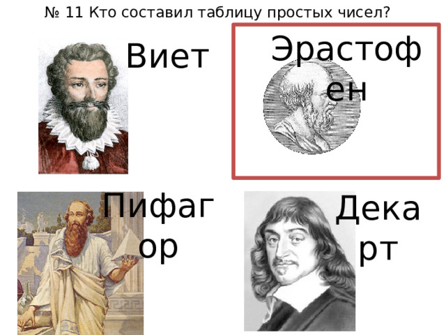 № 11 Кто составил таблицу простых чисел? Эрастофен Виет Пифагор Декарт 