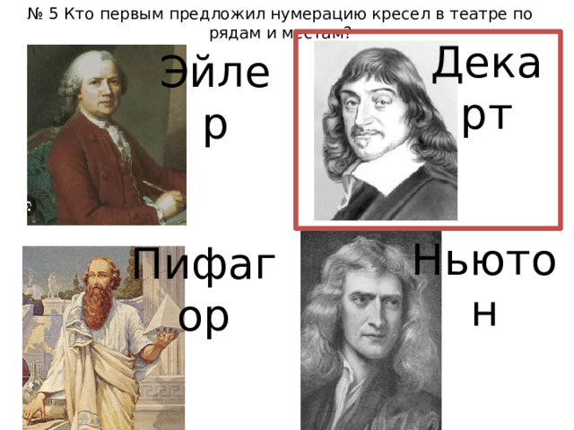 № 5 Кто первым предложил нумерацию кресел в театре по рядам и местам? Декарт Эйлер Ньютон Пифагор 