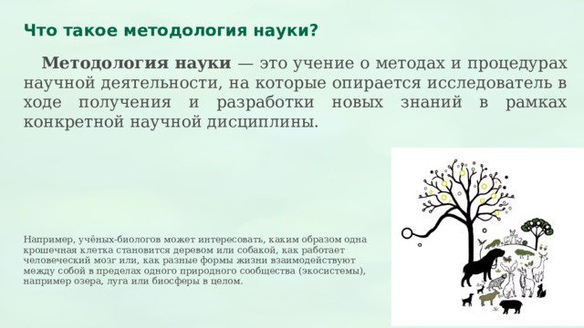  Что такое методология науки?  Методология науки — это учение о методах и процедурах научной деятельности, на которые опирается исследователь в ходе получения и разработки новых знаний в рамках конкретной научной дисциплины. Например, учёных-биологов может интересовать, каким образом одна крошечная клетка становится деревом или собакой, как работает человеческий мозг или, как разные формы жизни взаимодействуют между собой в пределах одного природного сообщества (экосистемы), например озера, луга или биосферы в целом. 