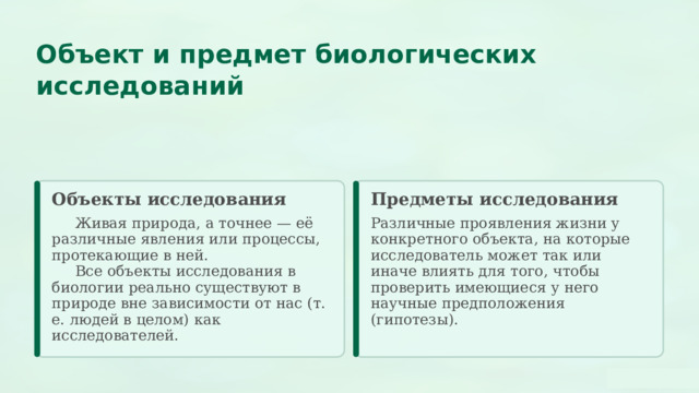  Объект и предмет биологических исследований Объекты исследования Предметы исследования  Живая природа, а точнее — её различные явления или процессы, протекающие в ней. Различные проявления жизни у конкретного объекта, на которые исследователь может так или иначе влиять для того, чтобы проверить имеющиеся у него научные предположения (гипотезы).  Все объекты исследования в биологии реально существуют в природе вне зависимости от нас (т. е. людей в целом) как исследователей. 