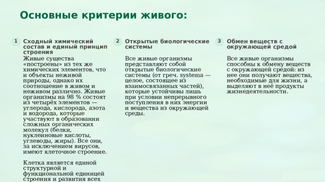  Основные критерии живого: 1 2 3 Сходный химический состав и единый принцип строения Обмен веществ с окружающей средой Открытые биологические системы Живые существа «построены» из тех же химических элементов, что и объекты неживой природы, однако их соотношение в живом и неживом различно. Живые организмы на 98 % состоят из четырёх элементов — углерода, кислорода, азота и водорода, которые участвуют в образовании сложных органических молекул (белки, нуклеиновые кислоты, углеводы, жиры). Все они, за исключением вирусов, имеют клеточное строение. Все живые организмы представляют собой открытые биологические системы (от греч. systema — целое, состоящее из взаимосвязанных частей), которые устойчивы лишь при условии непрерывного поступления в них энергии и вещества из окружающей среды. Все живые организмы способны к обмену веществ с окружающей средой: из нее они получают вещества, необходимые для жизни, а выделяют в неё продукты жизнедеятельности. Клетка является единой структурной и функциональной единицей строения и развития всех живых организмов на Земле. 