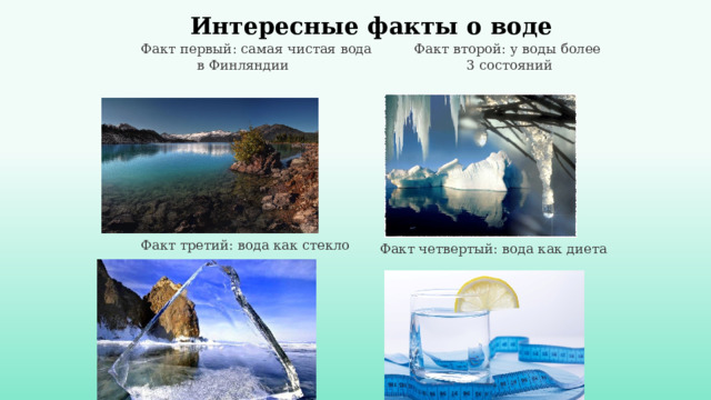  Интересные факты о воде     Факт второй: у воды более  Факт первый: самая чистая вода 3 состояний      в Финляндии     Факт третий: вода как стекло Факт четвертый: вода как диета 