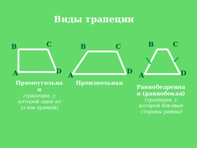 Виды трапеции В С С В В С D D D A A A Произвольная Прямоугольная  (трапеция, у которой один из углов прямой) Равнобедренная (равнобокая) (трапеция, у которой боковые стороны равны) 