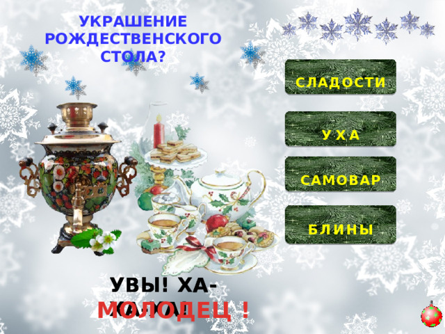 УКРАШЕНИЕ РОЖДЕСТВЕНСКОГО СТОЛА?  СЛАДОСТИ  УХА   САМОВАР   БЛИНЫ  УВЫ! ХА-ХА-ХА! УВЫ! ХА-ХА-ХА! УВЫ! ХА-ХА-ХА! МОЛОДЕЦ ! 