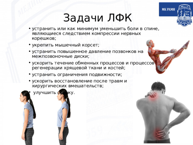 Задачи ЛФК устранить или как минимум уменьшить боли в спине, являющиеся следствием компрессии нервных корешков; укрепить мышечный корсет; устранить повышенное давление позвонков на межпозвоночные диски; ускорить течение обменных процессов и процессов регенерации хрящевой ткани и костей; устранить ограничения подвижности; ускорить восстановление после травм и хирургических вмешательств;  улучшить осанку.   