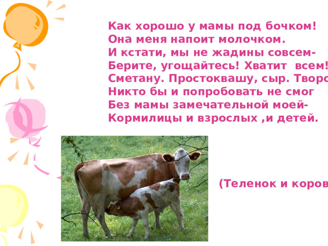 Как хорошо у мамы под бочком! Она меня напоит молочком. И кстати, мы не жадины совсем- Берите, угощайтесь! Хватит всем! Сметану. Простоквашу, сыр. Творог Никто бы и попробовать не смог Без мамы замечательной моей- Кормилицы и взрослых ,и детей.     (Теленок и корова) 