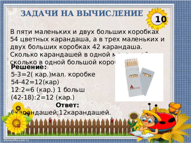 Задачи на вычисление 10 В пяти маленьких и двух больших коробках 54 цветных карандаша, а в трех маленьких и двух больших коробках 42 карандаша. Сколько карандашей в одной маленькой и сколько в одной большой коробке? Решение:  5-3=2( кар.)мал. коробке 54-42=12(кар) 12:2=6 (кар.) 1 больш (42-18):2=12 (кар.)  Ответ: 6карандашей;12карандашей.  
