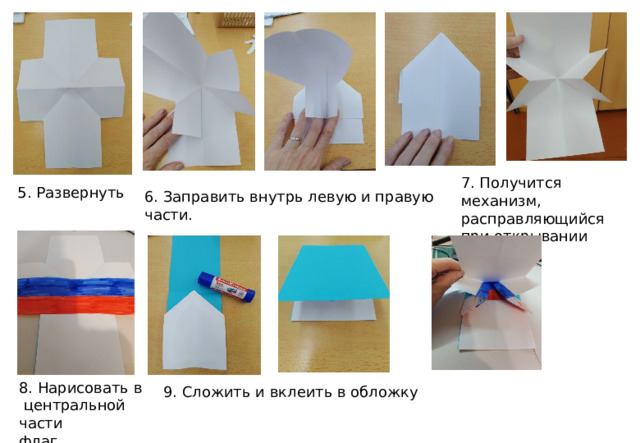 7. Получится механизм, расправляющийся при открывании 5. Развернуть 6. Заправить внутрь левую и правую части. 8. Нарисовать в  центральной части флаг 9. Сложить и вклеить в обложку 