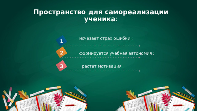 Пространство для самореализации ученика : исчезает страх ошибки ; 1 2 формируется учебная автономия ; 3 растет мотивация 