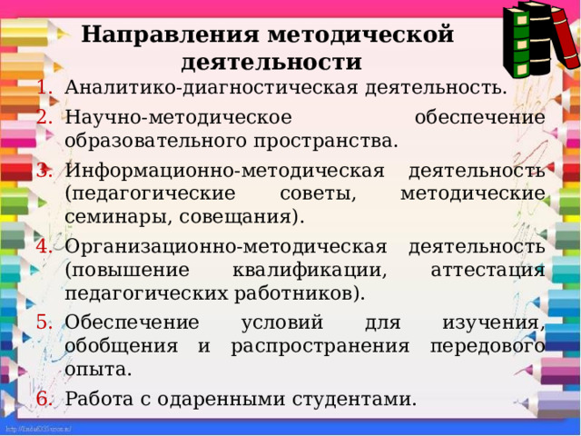Направления методической  деятельности  Аналитико-диагностическая деятельность. Научно-методическое обеспечение образовательного пространства. Информационно-методическая деятельность (педагогические советы, методические семинары, совещания). Организационно-методическая деятельность (повышение квалификации, аттестация педагогических работников). Обеспечение условий для изучения, обобщения и распространения передового опыта. Работа с одаренными студентами. 