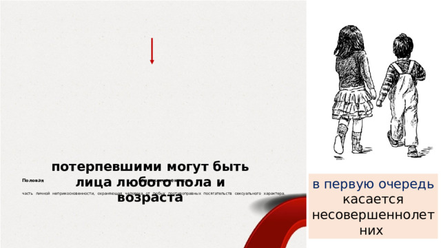 потерпевшими могут быть лица любого пола и возраста в первую очередь касается несовершеннолетних Половая неприкосновенность    часть личной неприкосновенности, охраняющая человека от любых противоправных посягательств сексуального характера.       