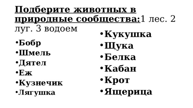  Подберите животных в природные сообщества: 1 лес. 2 луг. 3 водоем      Кукушка Щука Белка Кабан Крот Ящерица Бобр Шмель Дятел Еж Кузнечик Лягушка 