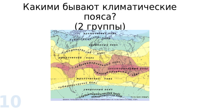 Какими бывают климатические пояса?  (2 группы) 10 