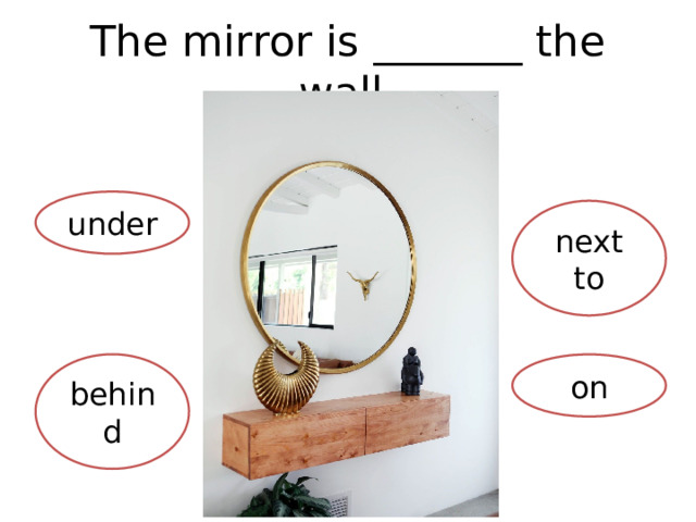 The mirror is _______ the wall. under next to behind on 