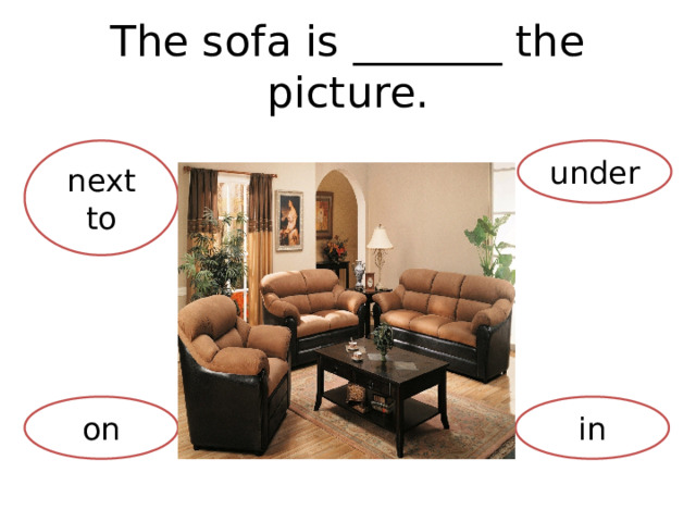 The sofa is _______ the picture. next to under on in 