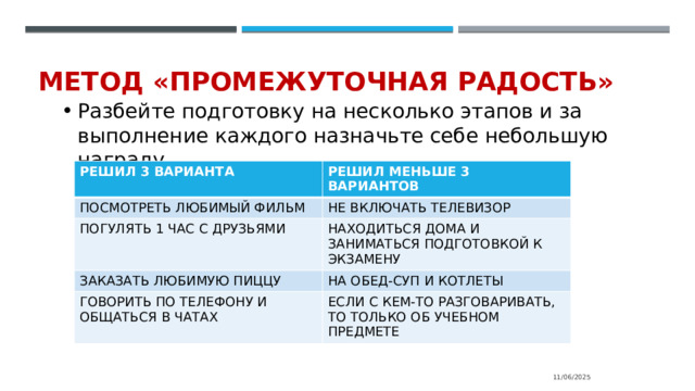 Метод «промежуточная радость» Разбейте подготовку на несколько этапов и за выполнение каждого назначьте себе небольшую награду РЕШИЛ 3 ВАРИАНТА РЕШИЛ МЕНЬШЕ 3 ВАРИАНТОВ ПОСМОТРЕТЬ ЛЮБИМЫЙ ФИЛЬМ НЕ ВКЛЮЧАТЬ ТЕЛЕВИЗОР ПОГУЛЯТЬ 1 ЧАС С ДРУЗЬЯМИ НАХОДИТЬСЯ ДОМА И ЗАНИМАТЬСЯ ПОДГОТОВКОЙ К ЭКЗАМЕНУ ЗАКАЗАТЬ ЛЮБИМУЮ ПИЦЦУ НА ОБЕД-СУП И КОТЛЕТЫ ГОВОРИТЬ ПО ТЕЛЕФОНУ И ОБЩАТЬСЯ В ЧАТАХ ЕСЛИ С КЕМ-ТО РАЗГОВАРИВАТЬ, ТО ТОЛЬКО ОБ УЧЕБНОМ ПРЕДМЕТЕ 11/06/2025 