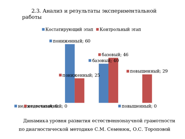 2.3. Анализ и результаты экспериментальной работы Динамика уровня развития естественнонаучной грамотности по диагностической методике С.М. Семенюк, О.С. Тороповой 
