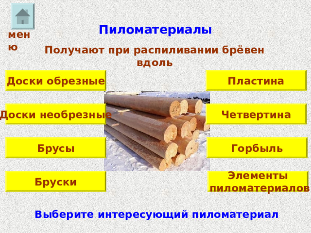 Пиломатериалы меню Получают при распиливании брёвен вдоль Доски обрезные Пластина Доски необрезные Четвертина Брусы Горбыль Бруски Элементы  пиломатериалов Выберите интересующий пиломатериал 