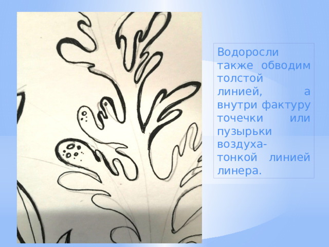 Водоросли также обводим толстой линией, а внутри фактуру точечки или пузырьки воздуха- тонкой линией линера. 