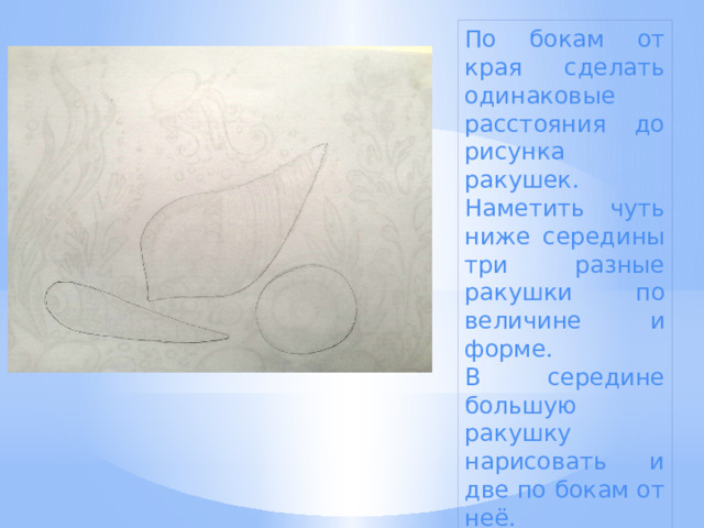 По бокам от края сделать одинаковые расстояния до рисунка ракушек. Наметить чуть ниже середины три разные ракушки по величине и форме. В середине большую ракушку нарисовать и две по бокам от неё. 