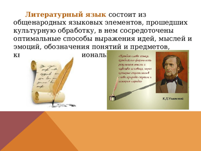  Литературный язык состоит из общенародных языковых элементов, прошедших культурную обработку, в нем сосредоточены оптимальные способы выражения идей, мыслей и эмоций, обозначения понятий и предметов, квинтэссенция национальной идиоматики. 