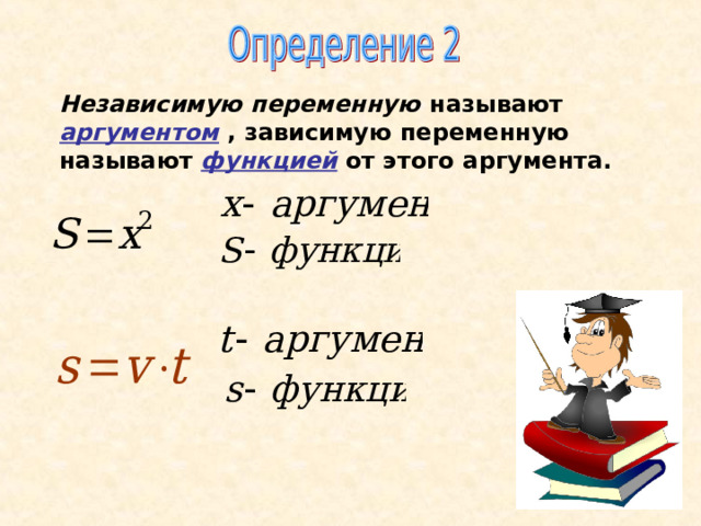 Независимую переменную  называют аргументом , зависимую переменную называют функцией от этого аргумента. 