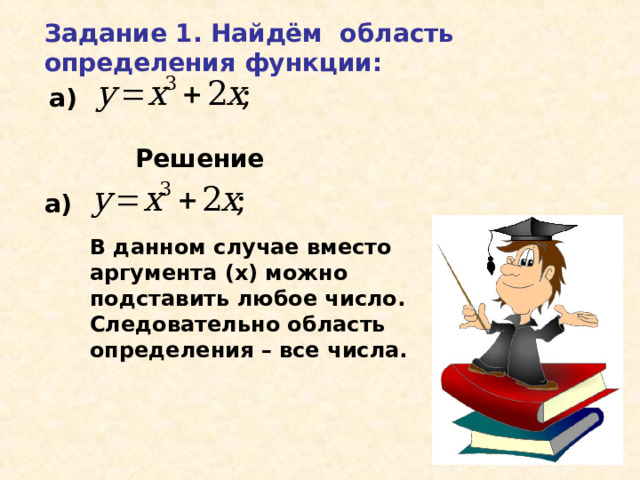 Задание 1. Найдём область определения функции: а) Решение а) В данном случае вместо аргумента (х) можно подставить любое число. Следовательно область определения – все числа. 