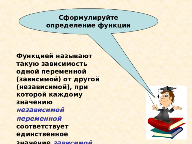 Сформулируйте определение функции Функцией называют такую зависимость одной переменной (зависимой) от другой (независимой), при которой каждому значению независимой переменной  соответствует единственное значение зависимой  переменной . 
