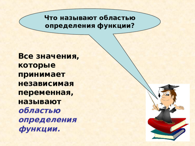Что называют областью определения функции? Все значения, которые принимает независимая переменная, называют областью определения функции. 