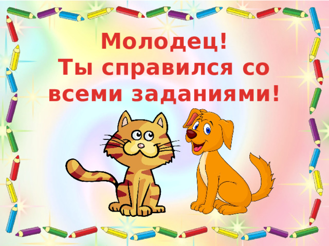 Молодец!  Ты справился со всеми заданиями! Какие звуки мы сегодня различали? Какая игра тебе понравилась больше?   Собака и Кошка говорят тебе спасибо, что ты с ними поиграл, им очень понравилось. А тебе понравилось?  
