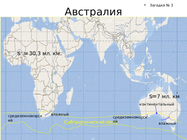 влажный средиземноморский Загадка № 3 Австралия   30.3 мл. км . s = 2 2 = 7 мл. км s континентальный средиземноморский Субтропический пояс влажный 