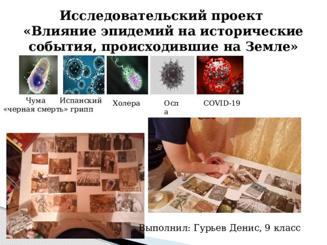 Исследовательский проект  «Влияние эпидемий на исторические события, происходившие на Земле» Чума Испанский «черная смерть» грипп Холера Оспа COVID-19 Выполнил: Гурьев Денис, 9 класс 