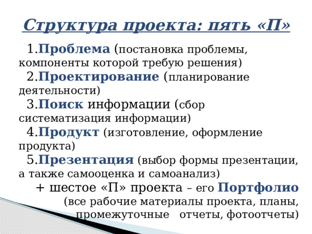 Структура проекта: пять «П» 1. Проблема ( постановка проблемы, компоненты которой требую решения) 2. Проектирование ( планирование деятельности) 3. Поиск информации ( сбор систематизация информации) 4. Продукт  (изготовление, оформление продукта) 5. Презентация  (выбор формы презентации, а также самооценка и самоанализ) + шестое «П» проекта – его Портфолио (все рабочие материалы проекта, планы, промежуточные отчеты, фотоотчеты) 