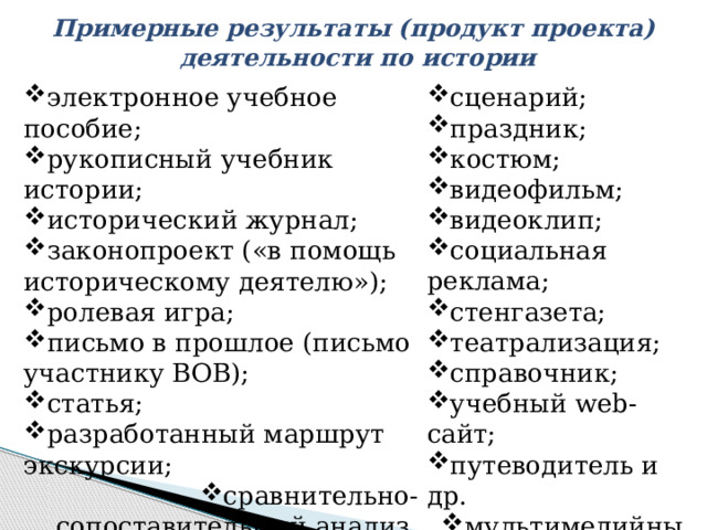 Примерные результаты (продукт проекта)  деятельности по истории сценарий; праздник; костюм; видеофильм; видеоклип; социальная реклама; стенгазета; театрализация; справочник; учебный web-сайт; путеводитель и др. мультимедийный продукт;  игра. электронное учебное пособие; рукописный учебник истории; исторический журнал; законопроект («в помощь историческому деятелю»); ролевая игра; письмо в прошлое (письмо участнику ВОВ); статья; разработанный маршрут экскурсии; сравнительно-сопоставительный анализ. 