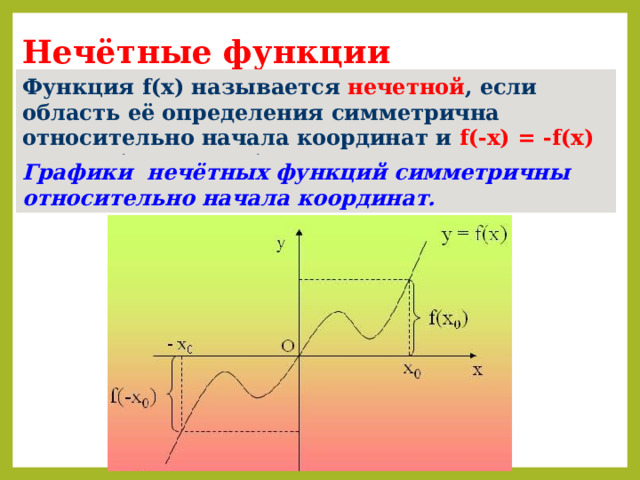 Нечётные функции Функция f( х) называется нечетной , если область её определения симметрична относительно начала координат и f(-x) = - f(x) для любого х из области определения функции. Графики нечётных функций симметричны относительно начала координат.  