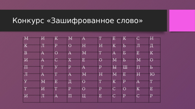 Конкурс «Зашифрованное слово» М К И Л В К А М Р И О А П А О Т Л С А Н Т И А Х Е М У У К Р Е К Т М Т Т А О И Ь И Е А С А Т Л Р И Л М Д М Б Ь Д Н Р О А Е Ы М К П Т М О Ш Е Р О Ц К П Р С Н Ь Е О Ю А С Т К Р Е С Р 