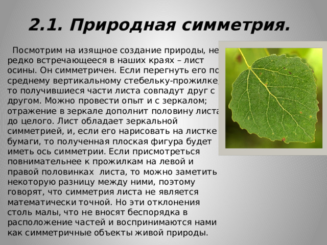 2.1. Природная симметрия.  Посмотрим на изящное создание природы, не редко встречающееся в наших краях – лист осины. Он симметричен. Если перегнуть его по среднему вертикальному стебельку-прожилке, то получившиеся части листа совпадут друг с другом. Можно провести опыт и с зеркалом; отражение в зеркале дополнит половину листа до целого. Лист обладает зеркальной симметрией, и, если его нарисовать на листке бумаги, то полученная плоская фигура будет иметь ось симметрии. Если присмотреться повнимательнее к прожилкам на левой и правой половинках листа, то можно заметить некоторую разницу между ними, поэтому говорят, что симметрия листа не является математически точной. Но эти отклонения столь малы, что не вносят беспорядка в расположение частей и воспринимаются нами как симметричные объекты живой природы. 