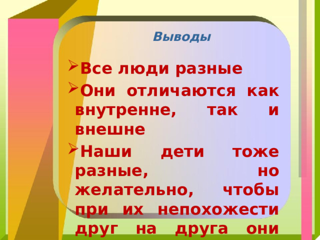Выводы Все люди разные Они отличаются как внутренне, так и внешне Наши дети тоже разные, но желательно, чтобы при их непохожести друг на друга они соблюдали единые для всех правила 