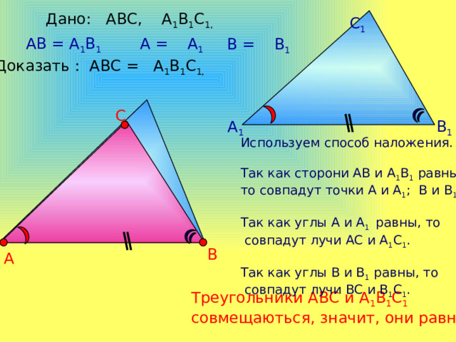 Дано: АВС, А 1 В 1 С 1,  С 1 АВ = А 1 В 1  А = А 1  В = В 1 Доказать : АВС = А 1 В 1 С 1,  С А 1 В 1 Используем способ наложения. Так как сторони АВ и А 1 В 1 равны, то совпадут точки А и А 1 ; В и В 1 . Так как углы А и А 1 равны, то  совпадут лучи АС и А 1 С 1 . Так как углы В и В 1 равны, то  совпадут лучи ВС и В 1 С 1 . В А Треугольники АВС и А 1 В 1 С 1 совмещаються, значит, они равны. 