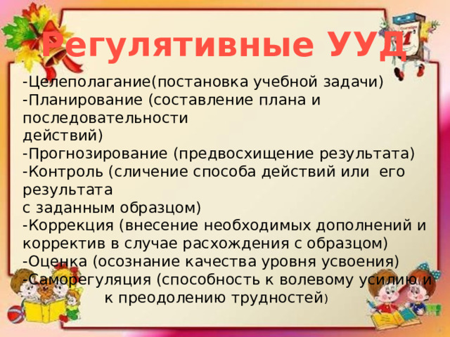 Регулятивные УУД -Целеполагание(постановка учебной задачи) -Планирование (составление плана и последовательности действий) -Прогнозирование (предвосхищение результата) -Контроль (сличение способа действий или его результата с заданным образцом) -Коррекция (внесение необходимых дополнений и корректив в случае расхождения с образцом) -Оценка (осознание качества уровня усвоения) -Саморегуляция (способность к волевому усилию и  к преодолению трудностей ) 